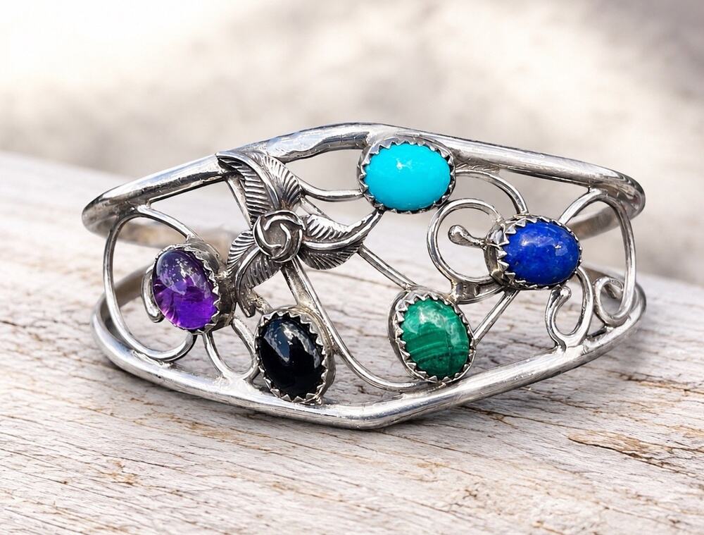 Donald Douglas Navajo Sterling Silver Multi Stone Cuff Bracelet Signed DD